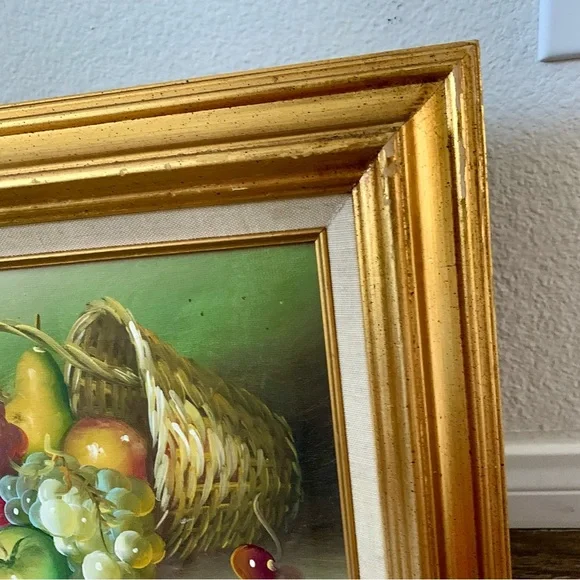 Vintage Basket Apples And Grapes Oil Signed Renwick 13/15”